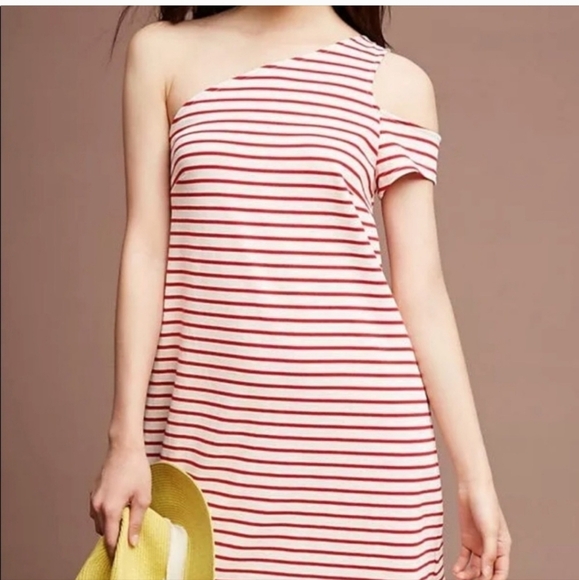 Maeve Marketa Shirt Dress Size Small Red/White Stripe One Shoulder Pullover - Picture 1 of 11
